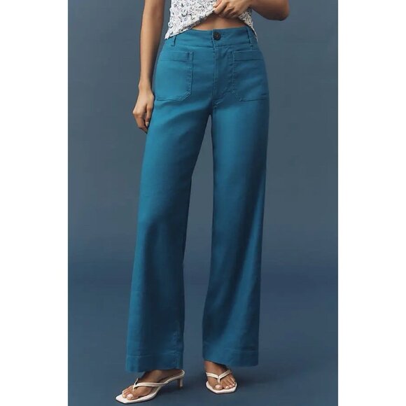 Anthropologie Colette Linen Full Length Wide Leg Pants Maeve Ocean Blue Size 25 - Picture 1 of 11